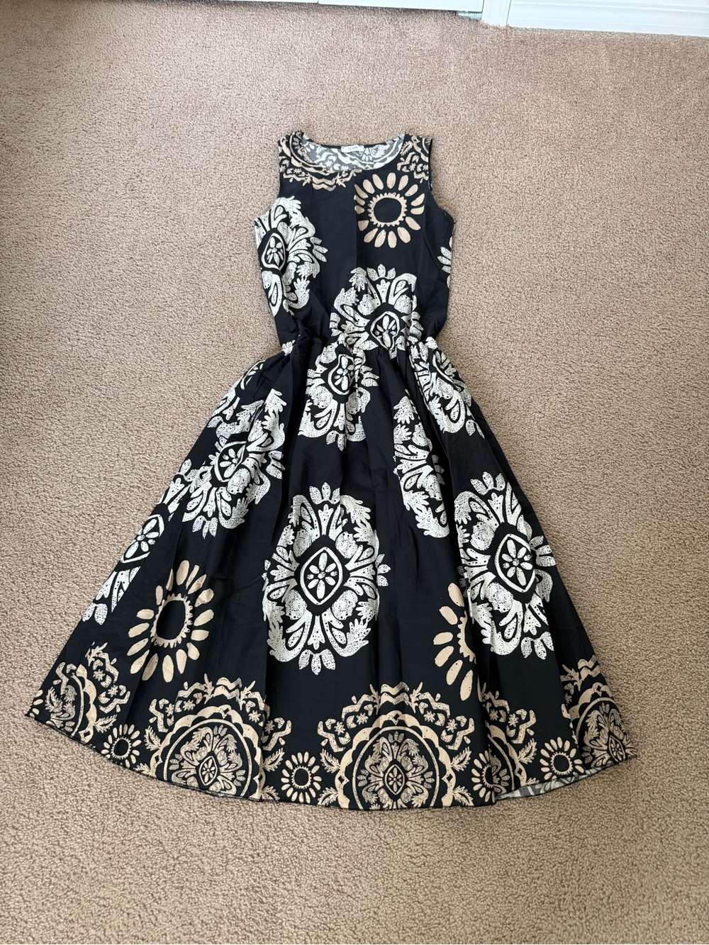 Black & Cream Floral Midi Fit-and-Flare Dress from Italy